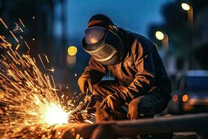 A worker while doing a welding with arc welder power plant  at factory ,Generative AI . photo