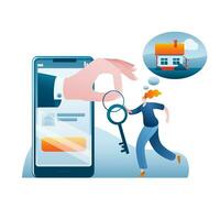 The hand gives the woman the keys to the house from a smartphone. vector