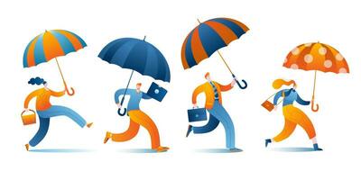 Characters with umbrellas and bags are having fun. vector