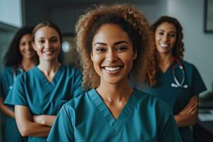 Smiling female doctor standing with medical colleagues in a hospital ,Generative AI. photo