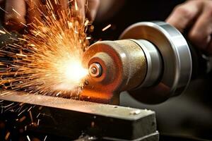 Finishing metal working on lathe grinder machine with sparks , Generative AI . photo