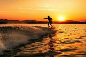 Silhouette of a man on a wakeboard taking off over. Generative AI. photo