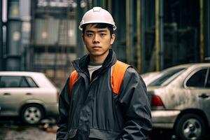 A man japan in his 30s that is wearing a industry car vest and hard hat against a factory car background , Generative AI . photo