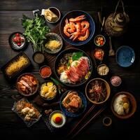 Assorted various japan food on a dark rustic background ,Generative AI photo