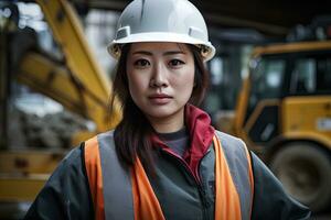 joven Japón mujer construcción ingeniero trabajando a el edificio sitio sitio antecedentes generativo ai . foto