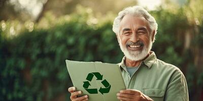 Smiling senior men holding paper with green recycling sign over natural background. Eco living, environment and sustainability concept ,Generative AI photo