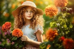 hermosa niña disfrutando en jardín flores a el verano Dom ,generativo ai foto