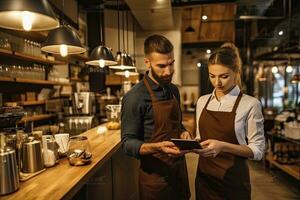 negocio hombre y mujer trabajando en digital tableta mientras en pie a café ,generativo ai . foto