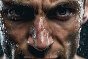 Close up professional woman  athlete with  focus in his eyes and sweat pouring down.Generative AI photo