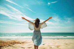Woman with outstretched arms enjoying the wind and breathing fresh air on the beach , Generative AI. photo