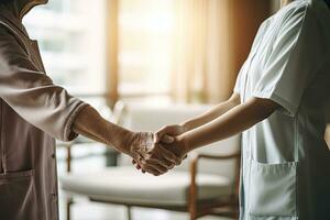 Support, caregiver with Close up senior woman and holding hands for care home ,Generative AI. photo