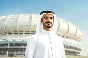 Successful Muslim handsome businessman in traditional white kandoor with private helicopter in the background. Successful Saudi, Emirati, Arab businessman. Generative AI . photo