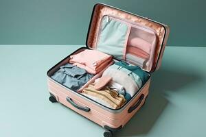 embalaje maleta para viaje vacaciones en nuevo normal, parte superior ver , generativo ai foto