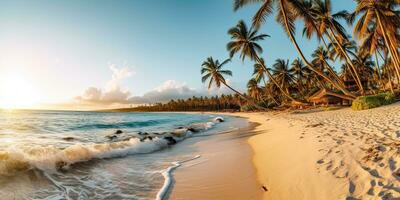 Beautiful beach banner. White sand and coco palms travel tourism  ,sunset Generative AI photo