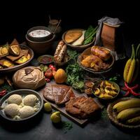 Assorted various Gabon food on a dark rustic background, copy space,Generative AI. photo