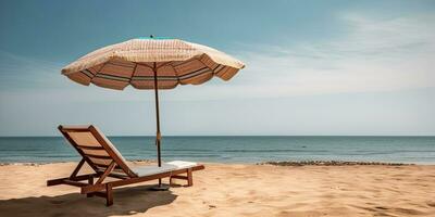 The beach chaise lounge and umbrella on sand .Generative AI photo