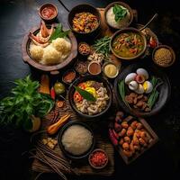 clasificado varios Tailandia comida en un oscuro rústico fondo generativo ai foto