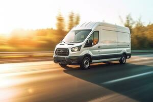 Cargo van moving fast on the road to city suburb. Busines logistics express service. Generative AI . photo