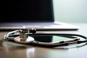 Stethoscope on tablet  keyboard , copy space ,Generative AI. photo