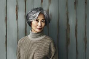 East Asian woman in 70s, short gray hair, home background , Generative AI photo