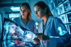 two woman doctor  using futuristic medicine medical ,Generative AI. photo
