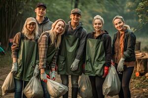 equipo de joven y diversidad voluntario en limpieza arriba basura y residuos separación proyecto ,generativo ai foto