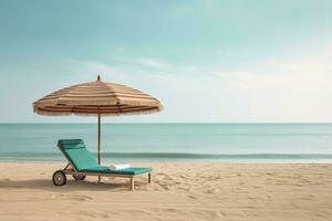 The beach chaise lounge and umbrella on sand .Generative AI photo