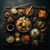 clasificado varios Japón comida en un oscuro rústico antecedentes ,generativo ai foto