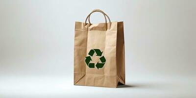 Paper bag with recycling symbol on white background with copy space ,Generative AI photo
