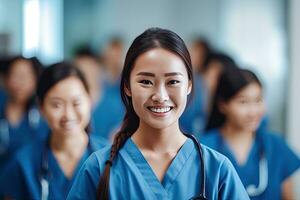 médico Asia trabajadores equipo son reunión en el oficina. generativo ai. foto