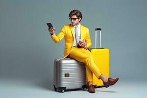 A handsome man sitting on suitcase and using smartphone on grey background,Generative AI photo