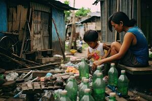 Asia mother teaches her child to separate bottles from trash, recycled bottles in front of the house during daytime, country site ,Generative AI photo