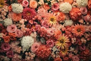 Beautiful flower wall background with Wedding decoration, hand made. Generative AI photo