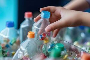 Close up hand  kid separating waste plastic bottles into recycling bins is to protect the environment , copy space for text  ,Generative AI photo