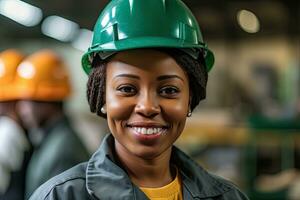 contento africano americano mujer industrial profesional en pie en construcción metalúrgico , generativo ai . foto