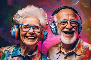 Happy senior couple retired , See your favorite edm concert ,people teen background ,Generative AI photo