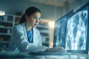 Doctor female of Professional Scientists Work in the Brain ResearDh Laboratory  by Monitors Showing CT, MRI Scans Having Discussions and Working on Personal Computers. Generative AI photo