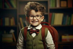 contento pequeño con mochila en salón de clases ,generativo ai foto