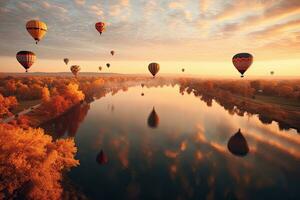 Balloons Flying Over Rocky Cliff with River Nature View in Cappadocia Turkey,Generative AI photo