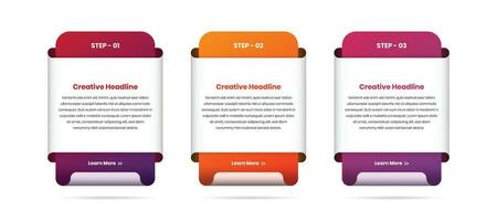 Three step text presentation business infographic card template with abstract fold shape and gradient vector