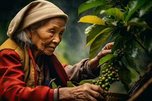 Woman picking coffee from a coffee plantation in Vietnam  ,Generative AI v photo