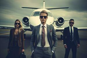 Businessmen and businesswoman standing on runway nearby private jet,Generative AI . photo