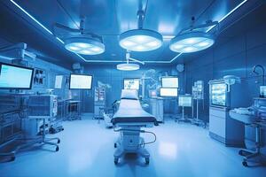 Medical devices in modern operating room take with art lighting and blue filter ,Generative AI. photo