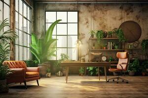 Vintage office ,interior with plant. 3D,Generative AI. photo