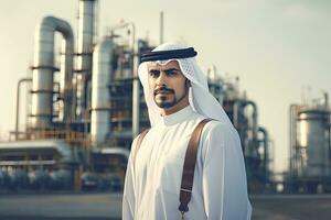 Muslim Arab businessman with an oil pump, oil refinery plant in the background ,Generative AI . photo