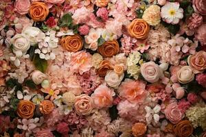 Beautiful flower wall background with Wedding decoration, hand made. Generative AI photo