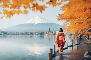 Woman backgrounds mountain Fuji with morning fog and red leaves at lake Kawaguchiko is one of the best places in Japan ,Generative AI photo