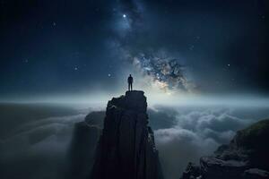 Man standing on top of cliff at night sky ,Generative AI photo