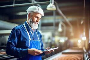 Senior factory worker doing production quality inspection in food industry holding clipboard standing by conveyor belt , Generative AI . photo