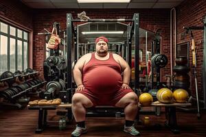 Happy young chubby overweight plus size big fat fit workout clothes warm up train eat burger studio home gym background ,Generative AI photo